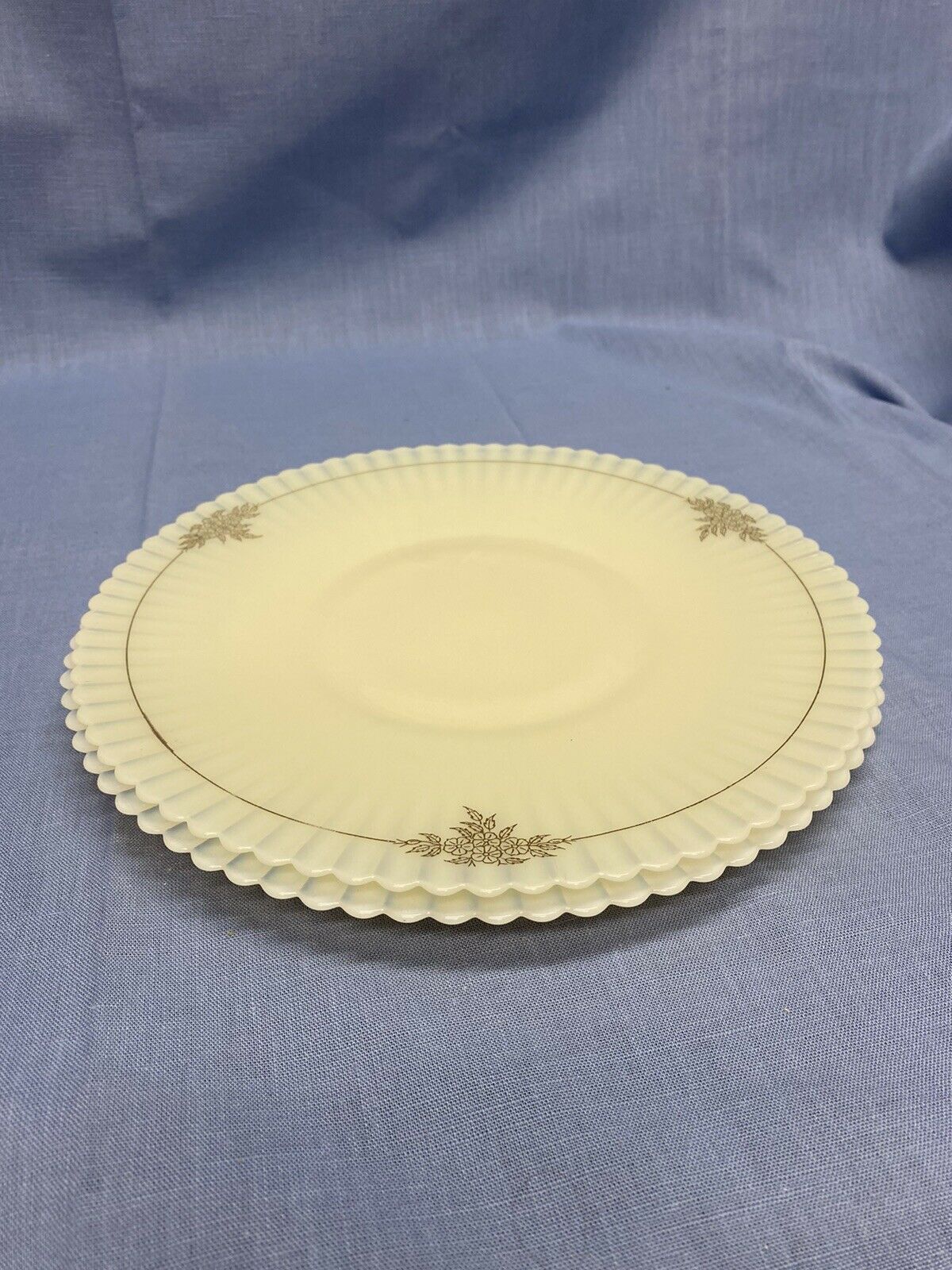 2 Petalware Cremax White Cake Plates With Gold Decal By Macbeth-evans